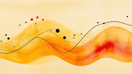 Poster - abstract waves of orange and yellow with black dots and lines creating a dynamic background