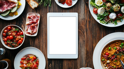 Wall Mural - Delicious dinner at the Spanish cuisine restaurant. Tablet mockup. A stylish white tablet with an empty screen lies on a wooden table set with a variety of dishes - paella, jamon, etc.