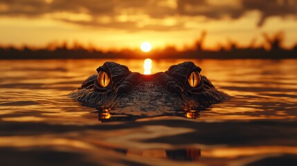 Wall Mural - Sunset Alligator: A mesmerizing glimpse of a reptile emerging from the water during a breathtaking sunset, its eyes reflecting the golden hues of the sky.