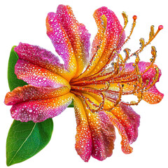 Aufkleber - vibrant flower with pink, orange, and yellow petals adorned with water droplets, showcasing its intricate details and lush green leaves, evokes sense of freshness and beauty
