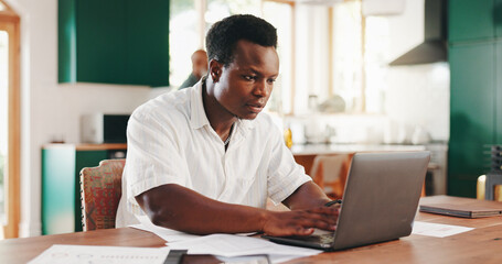 Poster - House, typing and black man with laptop, online reading and connection with communication. African person, freelancer and guy with tech, network and digital app for email, proposal and deadline