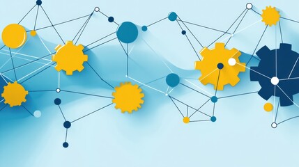 Poster - Colorful gears interconnected with lines against a soft blue background, symbolizing teamwork and innovation