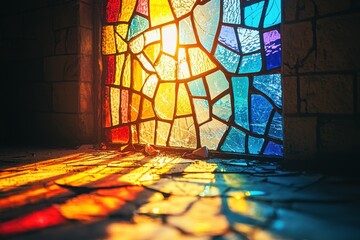 Poster - Sunlight streams through a broken stained glass window, casting vibrant colors on the floor of an old building, creating a dramatic and captivating scene of light and shadow, beautiful.