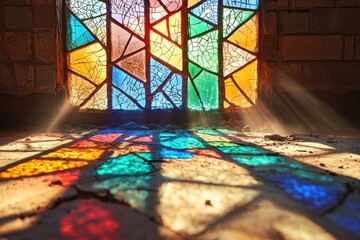 Colorful light beams through a broken stained glass window onto an old brick floor, creating vibrant patterns and shadows in a dilapidated structure with a sense of history.