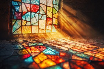 Poster - Sunlight filters through a damaged, colorful stained glass window, casting vibrant reflections onto a dusty floor, creating a captivating interplay of light, shadow, and texture.