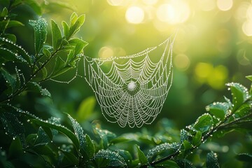 Poster - A glistening spiderweb, adorned with sparkling dew drops, hangs suspended between lush green foliage, bathed in the soft golden light of a tranquil morning scene.