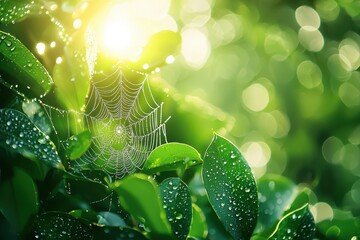 Poster - A radiant spiderweb adorned with morning dew, nestled among lush green leaves, as the golden sun bursts through creating a magical, ethereal scene.