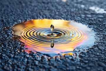 Poster - a single water droplet creates ripples in a small puddle reflecting a colorful sunset, capturing the