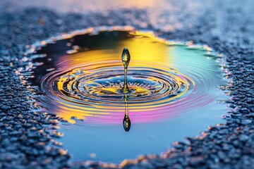 Poster - captivating close-up shot of a water droplet creating ripples in a colorful puddle, reflecting the v