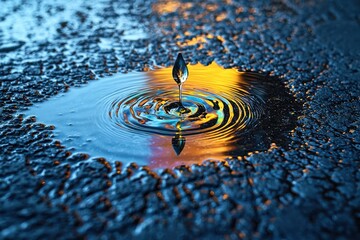 Poster - a mesmerizing macro shot of a water drop impacting a puddle, creating intricate ripples and reflecti