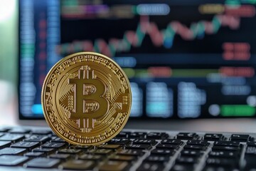 Poster - A close-up of a Bitcoin coin resting on a laptop keyboard, with stock market graphs displayed on screen, illustrating digital currency investment and financial technology trends.