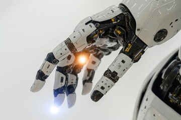 Poster - A futuristic robotic hand with intricate detailing and a bright light, symbolizing advanced technology, artificial intelligence, and the potential of future innovations