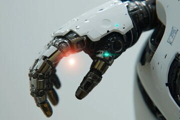 Poster - Close-up of a futuristic robotic arm with intricate mechanical details and sleek white panels, suggesting advanced technology and artificial intelligence in the future world.