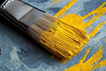 Poster - A close-up shot highlighting the brushstrokes with vivid yellow paint on a textured surface, symbolizing artistic expression and the beauty of creative processes in fine art.