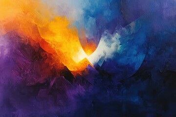 Poster - Abstract painting depicting a vibrant collision of warm orange and cool blue hues, creating a dynamic interplay of light and shadow.