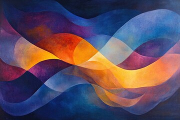 Poster - Abstract artwork depicting flowing, interweaving forms in shades of blue, purple, orange, and yellow.