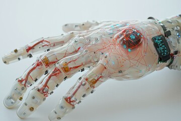 Poster - a sophisticated robotic hand with transparent casing, revealing intricate circuitry, luminous accent