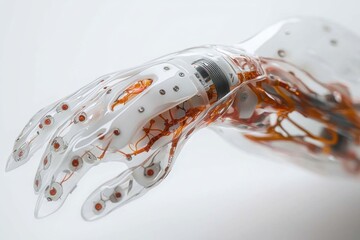 Poster - a clear robotic hand showcasing advanced technology, intricate wiring, and mechanical components, se