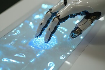 Poster - futuristic robot hand interacting with advanced holographic display, showcasing cutting-edge technol