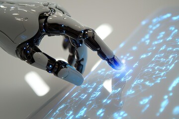 Poster - a sleek robot hand interacting with a bright, futuristic interface, demonstrating the power of artif