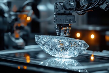 Poster - a highly detailed robotic arm precisely manipulating a transparent crystal object on a reflective su