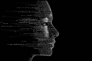 Poster - Futuristic concept of human face dissolving into a flow of binary code representing artificial intelligence. Generative AI