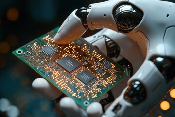 Poster - A futuristic robot hand holding a circuit board, showcasing advanced technology with intricate details and artificial intelligence, symbolizing innovation and the future.