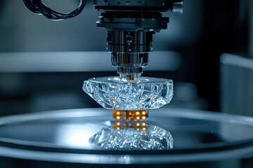 Poster - precision robotic arm with intricate design hovering above a transparent crystalline bowl, casting r