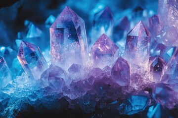 Poster - Stunning cluster of amethyst and blue quartz crystals, glowing with vibrant color and intricate formations.