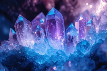 Poster - Luminous blue and purple crystals cluster together, showcasing their intricate formations and vibrant glow.