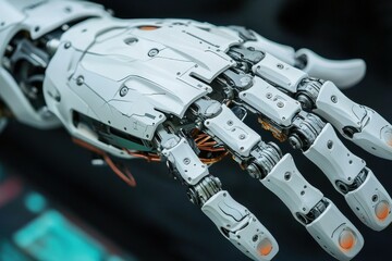Poster - Intricate design of a futuristic robotic hand showcasing advanced mechanics, sophisticated engineering, and the potential of artificial intelligence in modern technology.