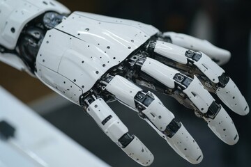 Poster - High-tech robotic hand showcasing advanced design and engineering, illustrating the future of automation and artificial intelligence in modern technology applications.