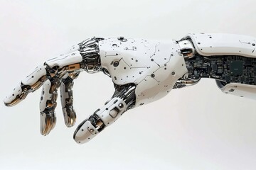 Poster - A futuristic, highly detailed robot hand with intricate metallic and white design, showcasing advanced technology and precision engineering against white background.