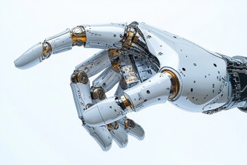 Poster - A futuristic robot hand featuring metallic accents and intricate design, standing for advanced technology, artificial intelligence and precision engineering on bright white background.