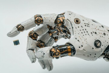 Poster - A futuristic robotic hand with intricate gold and white mechanical details carefully holding microchip on bright white background, artificial intelligence advancements.