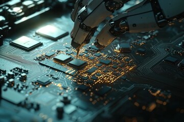 Poster - a robotic arm expertly working on a detailed computer circuit board, embodying technological progres