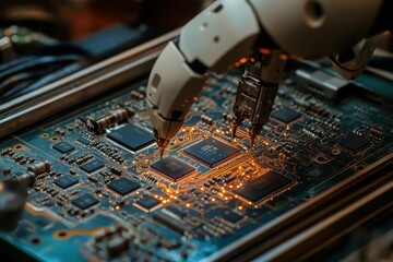 Poster - automated precision: robot arm soldering intricate circuitry on a pcb, symbolizing technological adv