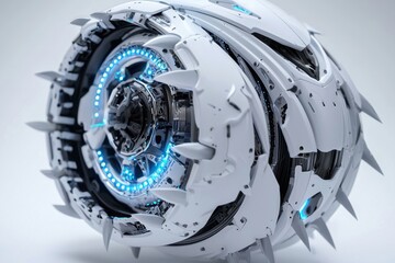 Poster - A futuristic, white, spherical robotic device with intricate mechanical details and glowing blue lights, showcasing advanced technology and innovative design in a modern context.