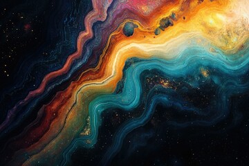 Poster - Abstract cosmic artwork depicting swirling nebulae in vibrant hues of blue, orange, and gold, interspersed with glittering stardust.
