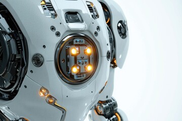 Poster - intricate details of a futuristic robot torso showcasing advanced technology with glowing lights and