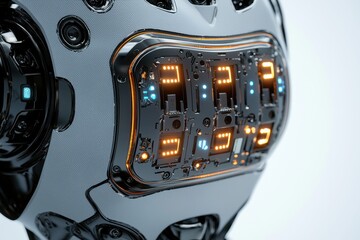 Poster - close-up view of futuristic robot head with intricate digital display panels and advanced mechanical