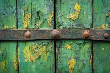 Poster - Close-up of weathered green wooden door with peeling paint and rusty metal accents.