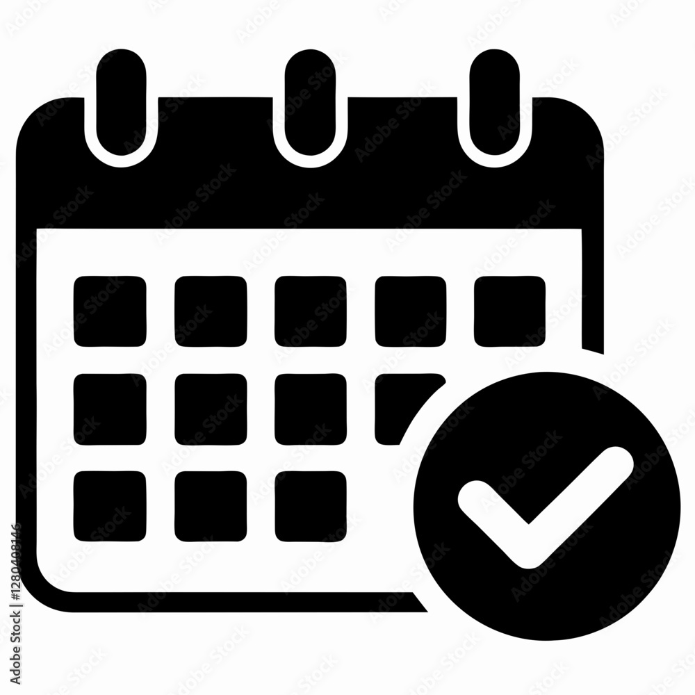 Minimalist black and white calendar icon with bold checkmark. Simple ...