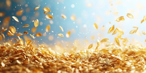 Poster - Golden Coins Falling on a Shimmering Surface with Soft Bokeh Light and Magical Background in a Wealth Conceptual Scene