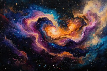 Poster - A vibrant cosmic swirl of nebulae, stars, and galaxies painted in rich, swirling colors.