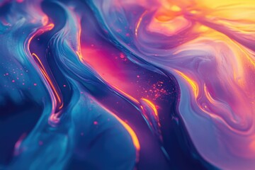 Poster - Abstract swirls of vibrant blue, pink, and orange hues create a mesmerizing, glossy, fluid art piece.