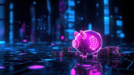 Poster - Neon Piggy Bank with Bitcoin Symbol in a Futuristic Digital Cityscape Reflecting Cryptocurrency and Financial Innovation