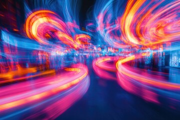 Aufkleber - Abstract image of swirling, vibrant light trails in pink, orange, and blue, creating a dynamic and energetic visual.