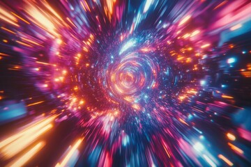 Poster - Abstract art depicting a vibrant, swirling tunnel of light and energy, radiating in pink, orange, and blue hues.