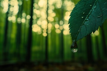 Poster - Detailed close-up of a vibrant green leaf with water droplets reflecting the surrounding forest and a soft, dreamy bokeh background creating a tranquil and serene scene.